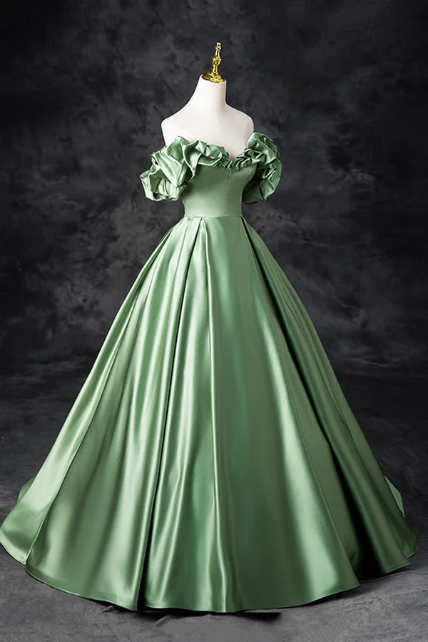 Wholesale Green Satin Long A-Line Party Dress Off the Shoulder Formal Evening Dress